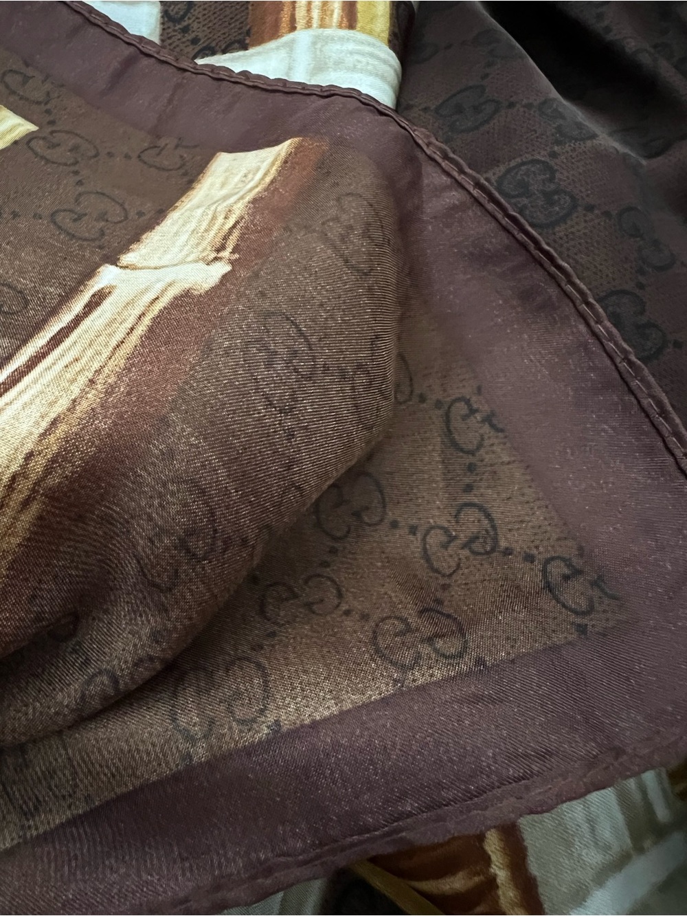 Silk Allover Logo & Bamboo Print Scarf Brown Gold Plaid Shawl Wrap 100% Silk NWT - Picture 7 of 8